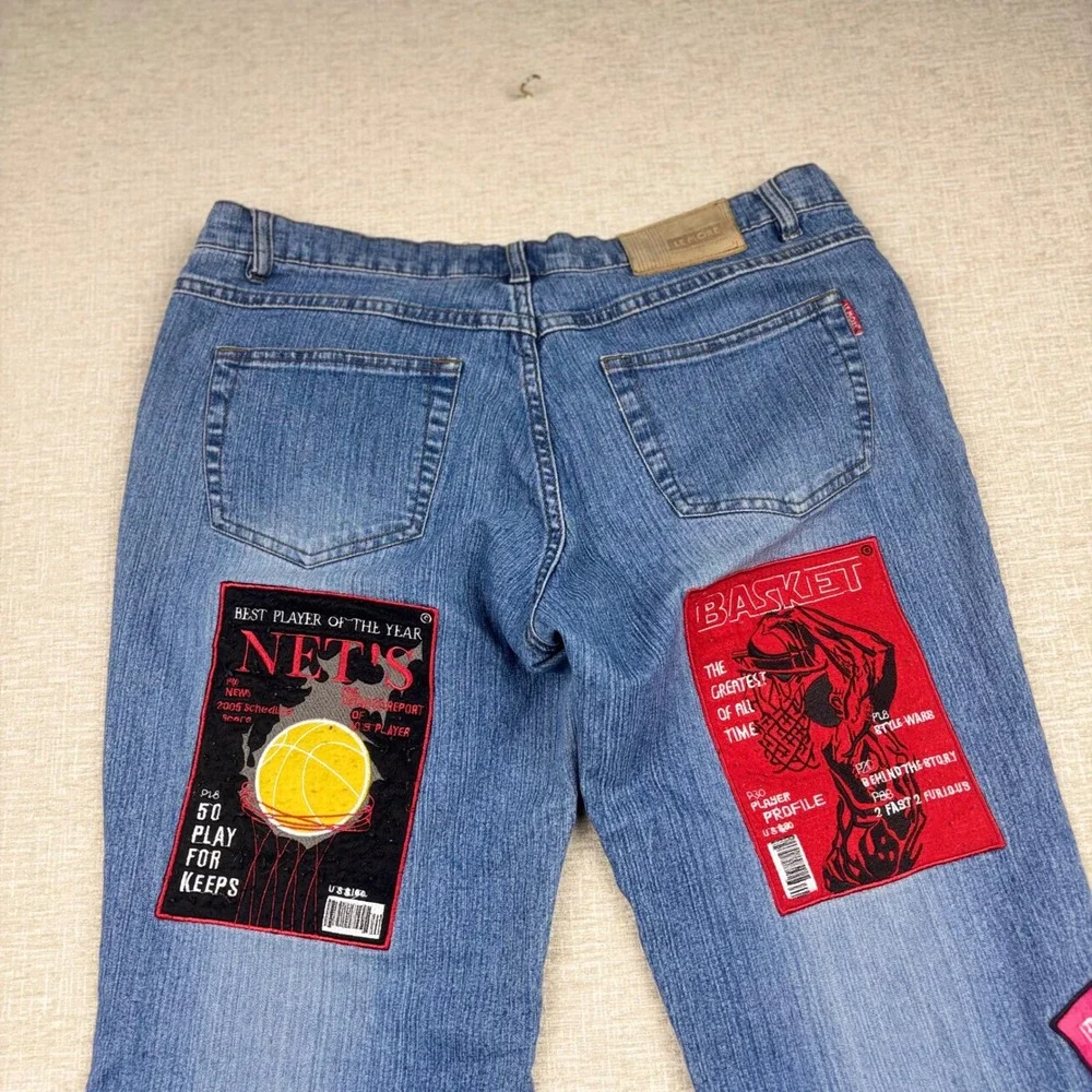 Le More Womens 34x 26 Y2K Basketball Patch Flare Jeans Blue Denim Size 13